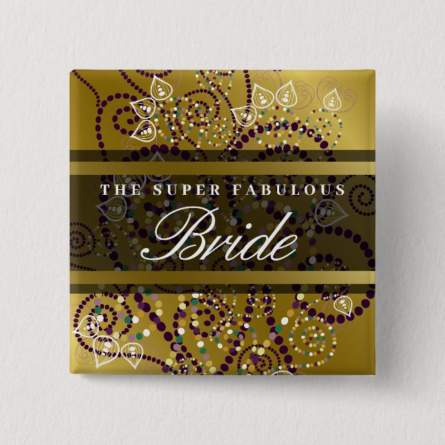 Bóton Quadrado 5.08cm BRIDE Boho Purple Spirals Botão de Casamento Doura (Frente)