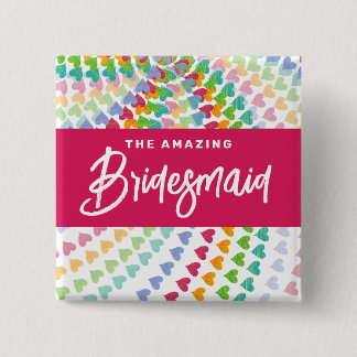 Bóton Quadrado 5.08cm BRIDESMAID Arco-Íris Corações borrifados Casamento