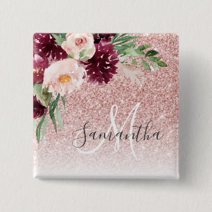 Bóton Quadrado 5.08cm Brilhante Rosa Moderno e Estilhaço de Flor com Nom