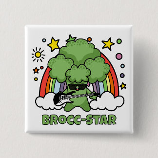 Bóton Quadrado 5.08cm Brócolis Tocando Guitarra, Brocc Star e Arco-íris