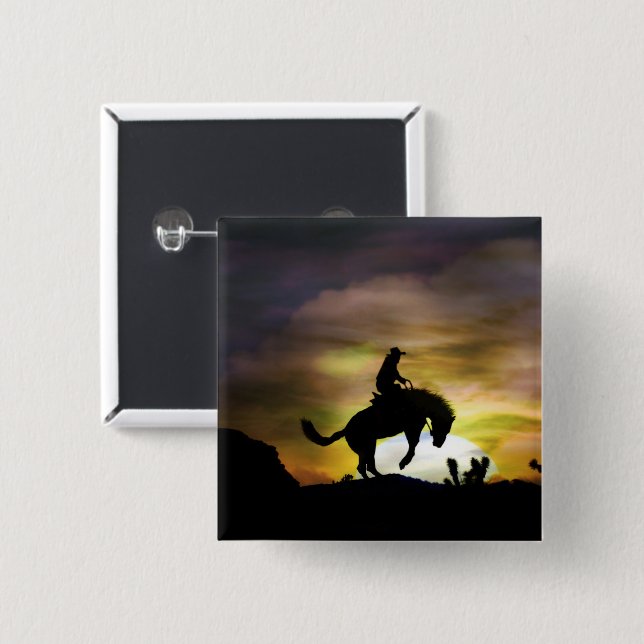 Bóton Quadrado 5.08cm Bronc Rider e Bucking Horse Country Oeste (Frente & Verso)