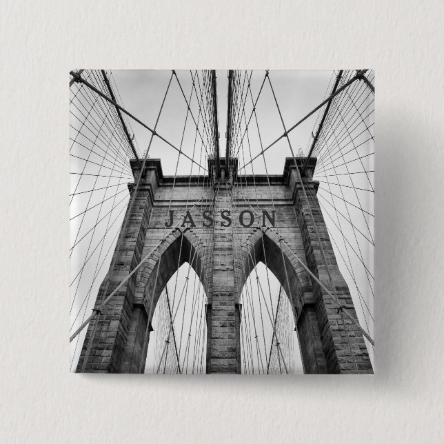 Bóton Quadrado 5.08cm Brooklyn Bridge Black & White Photo (Frente)