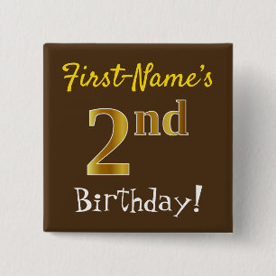 Bóton Quadrado 5.08cm Brown, segundo aniversário Dourado do falso, com