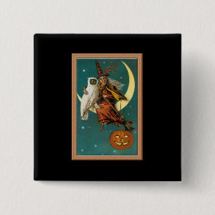Bóton Quadrado 5.08cm Bruxa e Coruja Nostálgica Feliz Halloween