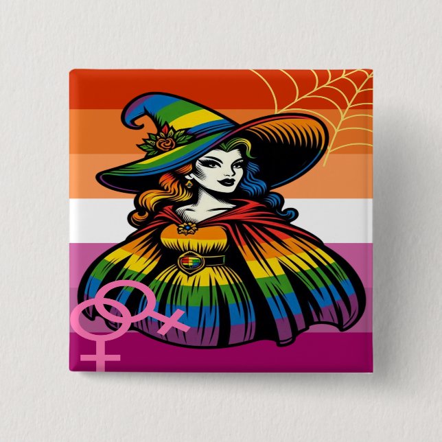 Bóton Quadrado 5.08cm Bruxa Lésbica No Arco-Íris (Frente)