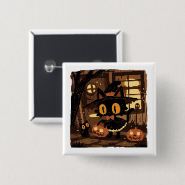 Bóton Quadrado 5.08cm Bruxa Negra Bonita de Gato com Balde de Abóbora
