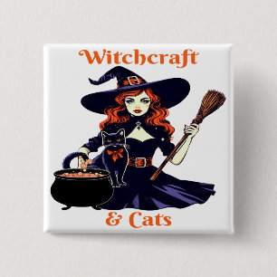 Bóton Quadrado 5.08cm Bruxaria e gatos - Bruxa com seu gato e caldeirão