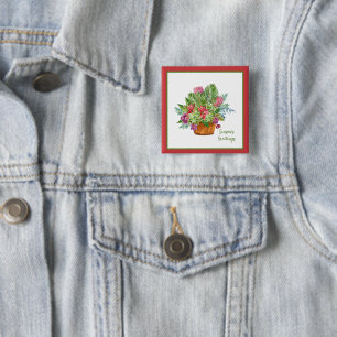 Bóton Quadrado 5.08cm Buquê botânico de Natal com Aquarela