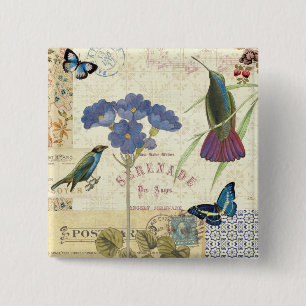 Bóton Quadrado 5.08cm Buquê do vintage das flores, dos pássaros e das