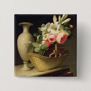 Bóton Quadrado 5.08cm Buquê dos lírios e dos rosas em uma cesta, 1814