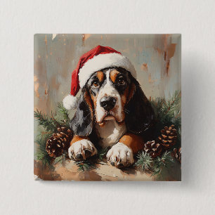 Bóton Quadrado 5.08cm Caça-Basset numa Pintura a Óleo de Santa Hat