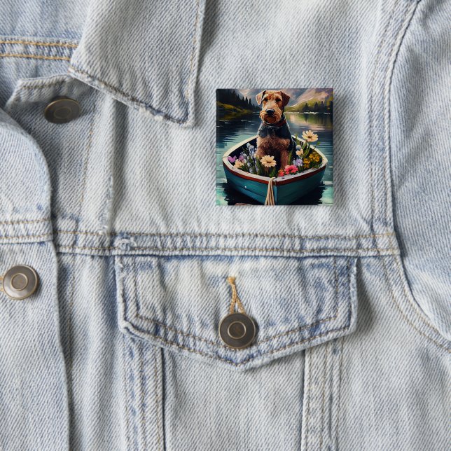 Bóton Quadrado 5.08cm Cachorro Airedale em um remo: Uma aventura cênica (In Situ)