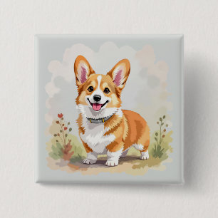 Bóton Quadrado 5.08cm Cachorro Corgi Galês Pembroke Vermelho Fofo
