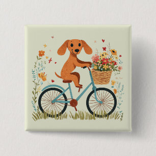 Bóton Quadrado 5.08cm Cachorro Dachshund Fofo Andando de Bicicleta entre