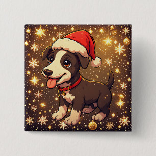 Bóton Quadrado 5.08cm Cachorro de Natal Fofo e Alegre com Chapéu de Papa
