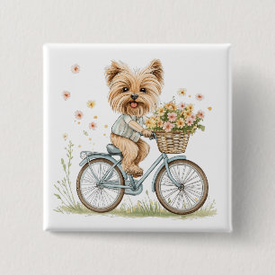 Bóton Quadrado 5.08cm Cachorro Yorkie Fofo Andando de Bicicleta entre Fl
