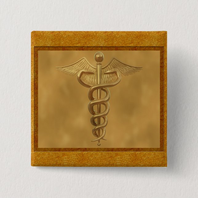 Bóton Quadrado 5.08cm Caduceus médico Dourado (Frente)