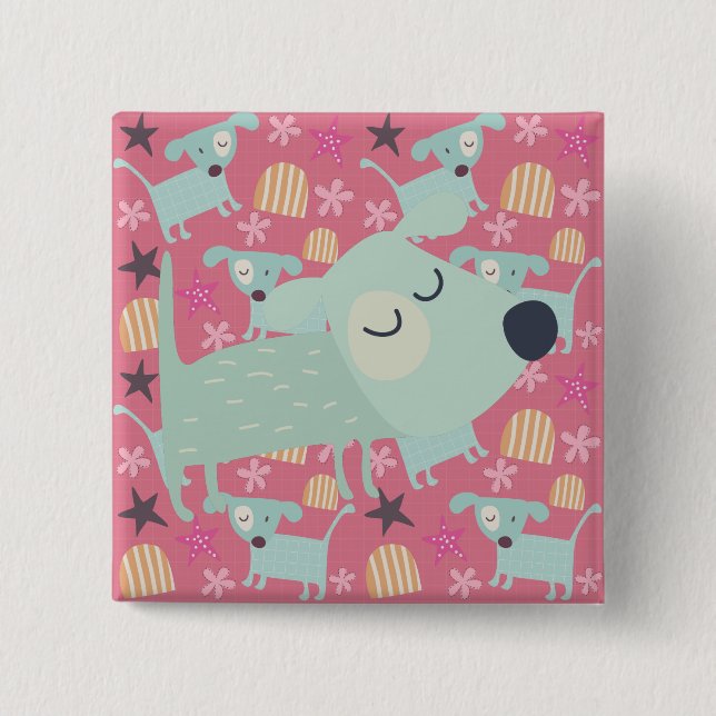 Bóton Quadrado 5.08cm Cães, Estrelas e Flores (Frente)