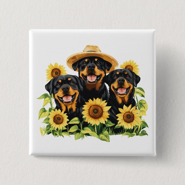 Bóton Quadrado 5.08cm Cães Rottweiler Cercados Por Girassóis (Frente)