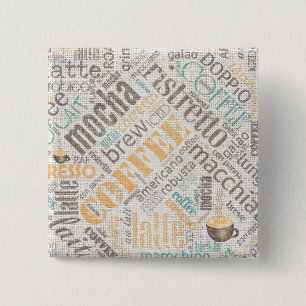 Bóton Quadrado 5.08cm Café em Burlap Word Cloud Teal ID283