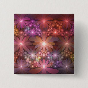 Bóton Quadrado 5.08cm Cama De Flores Colorida Abstrata Arte Fractal Bril