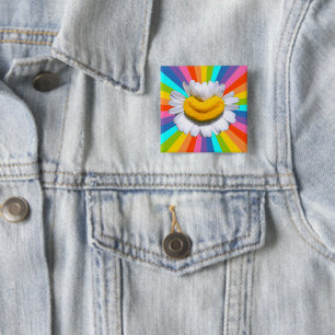 Bóton Quadrado 5.08cm Camomila Radiante Feliz Poder Floral Sorriso