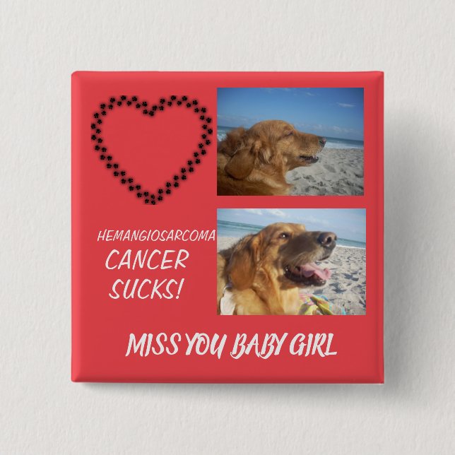 Bóton Quadrado 5.08cm Cancer Pet Tribute - Botão de Pata Vermelha (Frente)