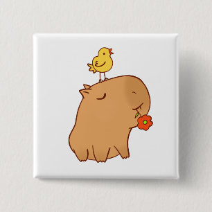 Bóton Quadrado 5.08cm Capybara bonito com um pássaro a e a flor