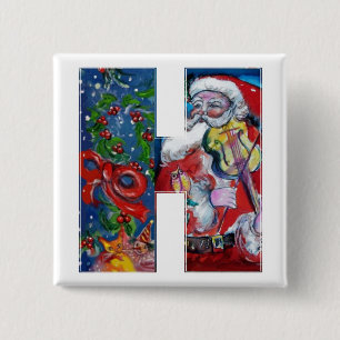 BÓTON QUADRADO 5.08CM CARTA H DE NATAL / PAPAIS NOEIS COM MONOGRAMA DE V