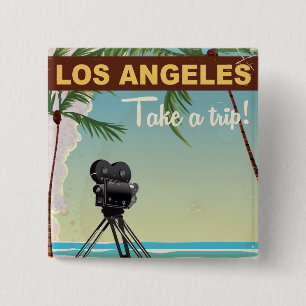 Bóton Quadrado 5.08cm cartaz de viagem de câmera vintage los angeles pra