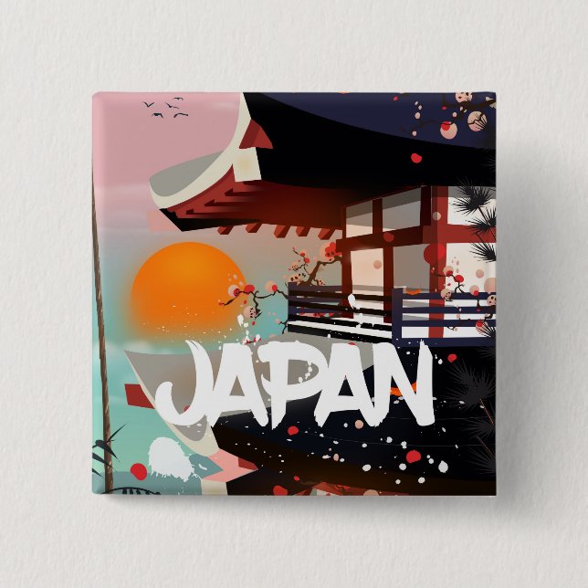 Bóton Quadrado 5.08cm Cartaz do pôr do sol do edifício do Japão (Frente)