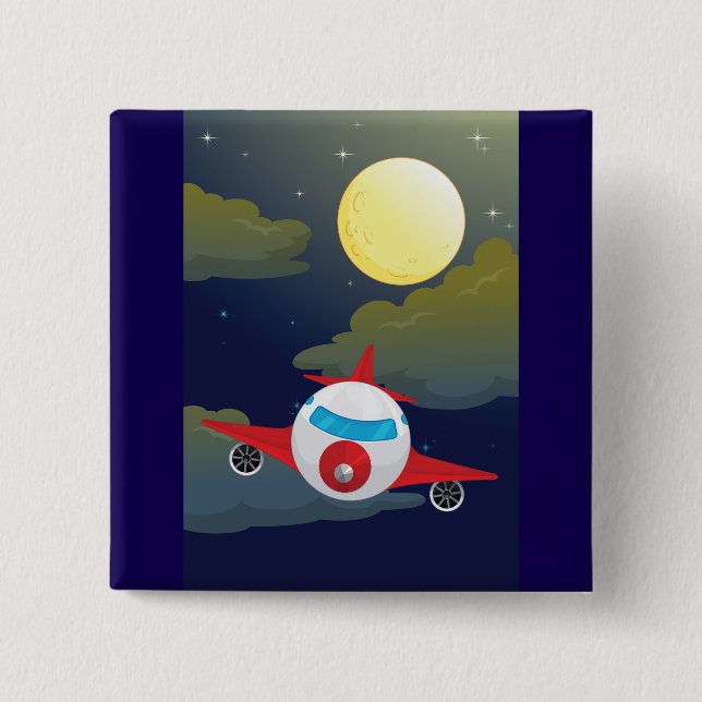 Bóton Quadrado 5.08cm Cartoon Red Airplane Flying In Night Sky (Frente)