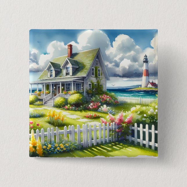 Bóton Quadrado 5.08cm Casa com vista para o farol (Frente)