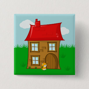 Bóton Quadrado 5.08cm Casa de Tijolo com Telhado Vermelho e Gato Laranja