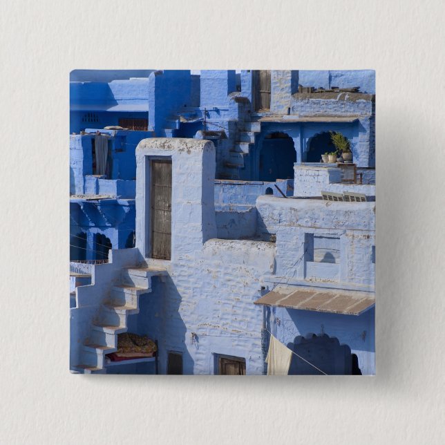 Bóton Quadrado 5.08cm Casa tradicional pintada de azul, Jodphur (Frente)
