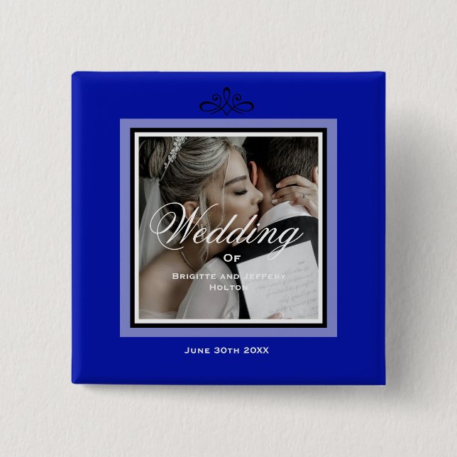 Bóton Quadrado 5.08cm Casal de casamento azul cobalto personalizável (Frente)