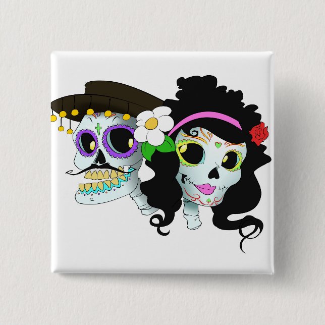 Bóton Quadrado 5.08cm Casal festivo mexicano do crânio (Frente)