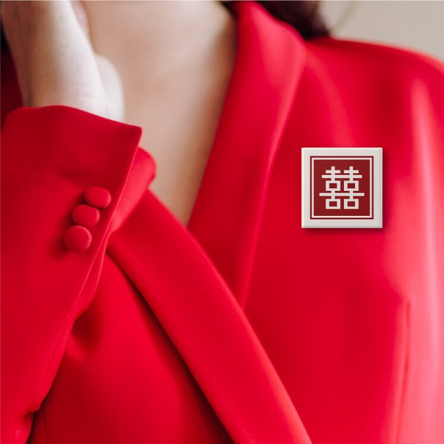 Bóton Quadrado 5.08cm Casamento Chinês de Felicidade Dupla Quadrada Clás (Classic Square Double Happiness Chinese Wedding Pinback Button @ fat_fa_tin)