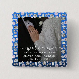 Bóton Quadrado 5.08cm Casamento com Lente de Diamante Azul de Silver Ele