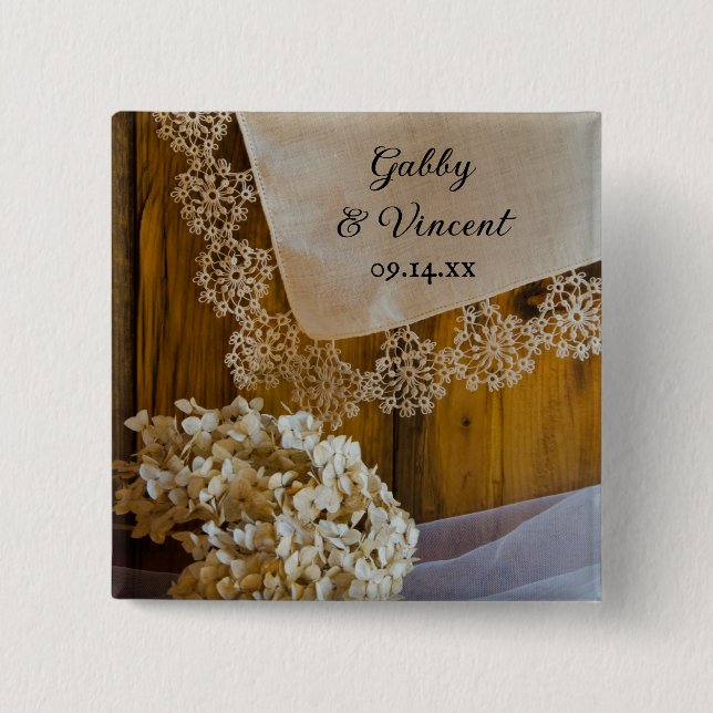 Bóton Quadrado 5.08cm Casamento com rendas e flores (Frente)