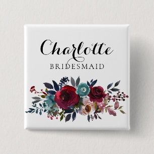 Bóton Quadrado 5.08cm Casamento de Bridesmaid da Watercolor Floral Burgu