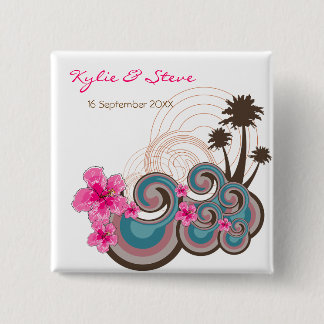 Bóton Quadrado 5.08cm Casamento de Destino de Hibiscus Rosa Ondas Tropic