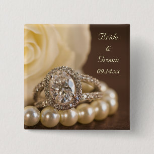 Bóton Quadrado 5.08cm Casamento de Oval Diamond Ring e Rose Branca
