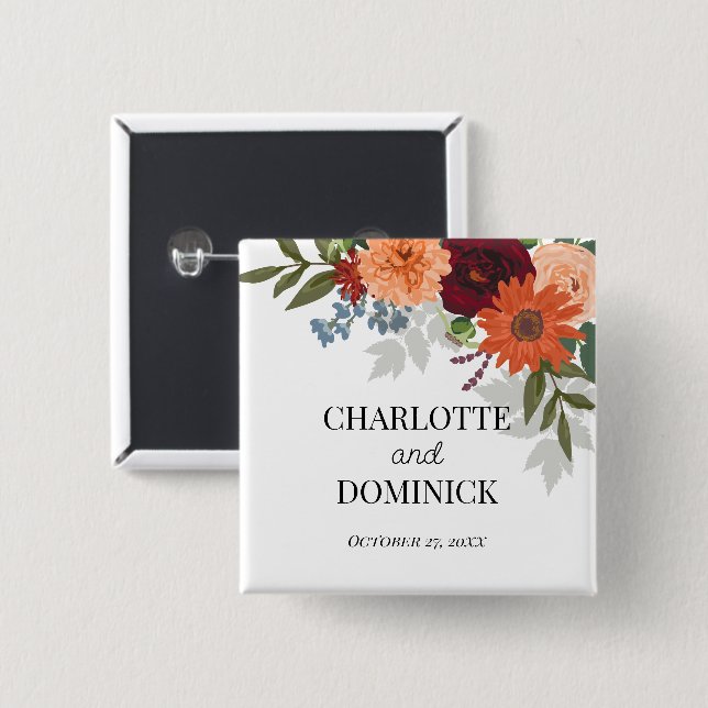 Bóton Quadrado 5.08cm Casamento Floral do Jardim de Queda Burgundy (Frente & Verso)