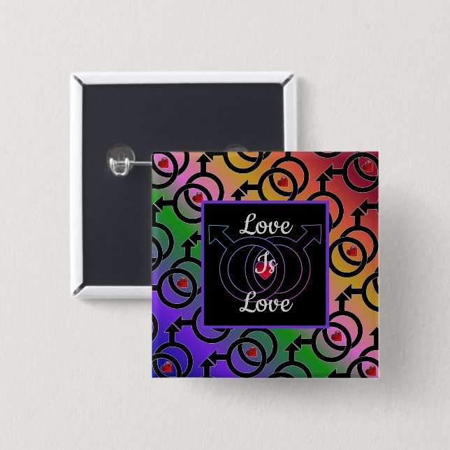Bóton Quadrado 5.08cm Casamento gay Love Is Love Rainbow Button (Frente & Verso)