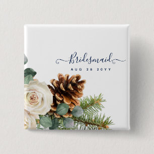 Bóton Quadrado 5.08cm Casamento no inverno Eucalyptus Greenery White Ros