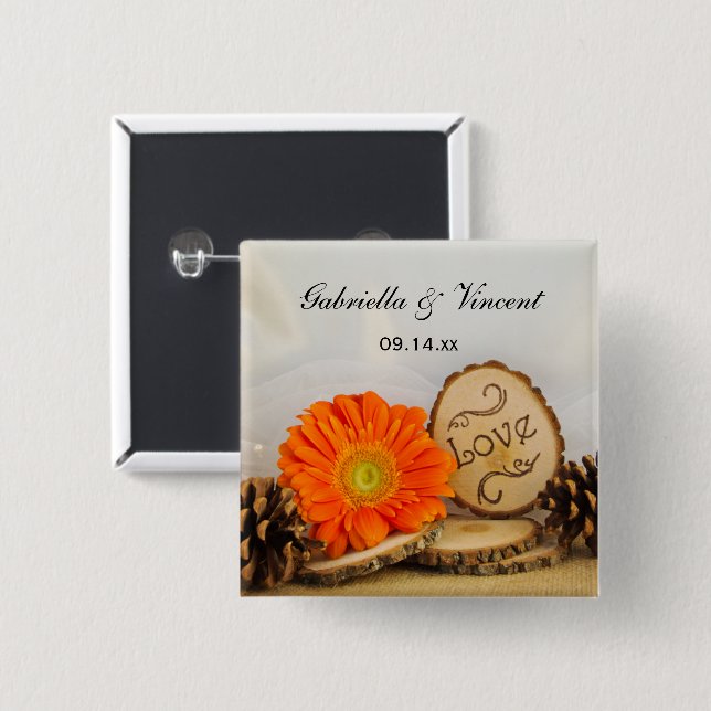 Bóton Quadrado 5.08cm Casamento Rustic Orange Daisy Woodland (Frente & Verso)