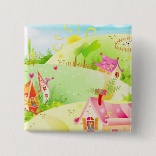Bóton Quadrado 5.08cm casas cor-de-rosa pequenas