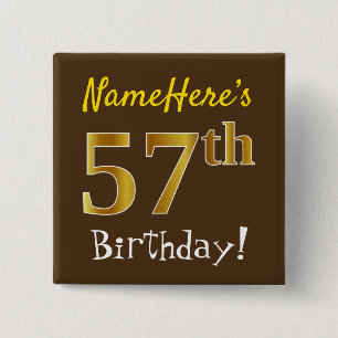 Bóton Quadrado 5.08cm Castanho, Faux Dourado 57º Aniversário, Com Nome