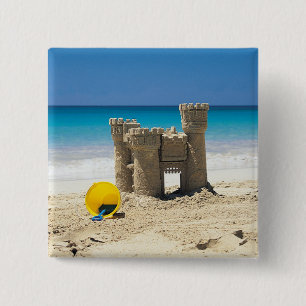 Bóton Quadrado 5.08cm Castelo e balde da areia na praia tropical